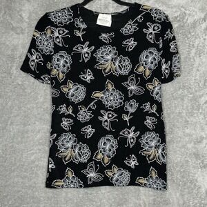 TR Bentley Large Top Shirt Black Floral Flower Scoop Neck Short Sleeve Stretch